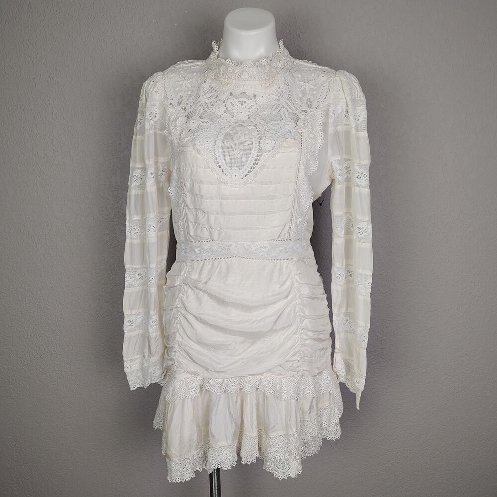 Loveshackfancy Harmon Silk Victorian High Neck Lace Mini Dress White Cream Sz 10 - Picture 3 of 16